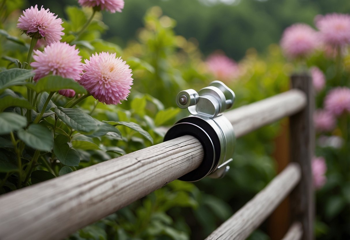 A sturdy aluminum hose holder mounted on a wooden fence, surrounded by lush greenery and blooming flowers