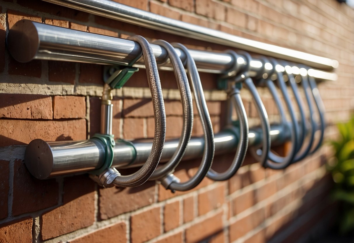 A stainless steel hose rack hangs on a brick wall, holding a coiled garden hose. The sun shines down, casting shadows on the rack