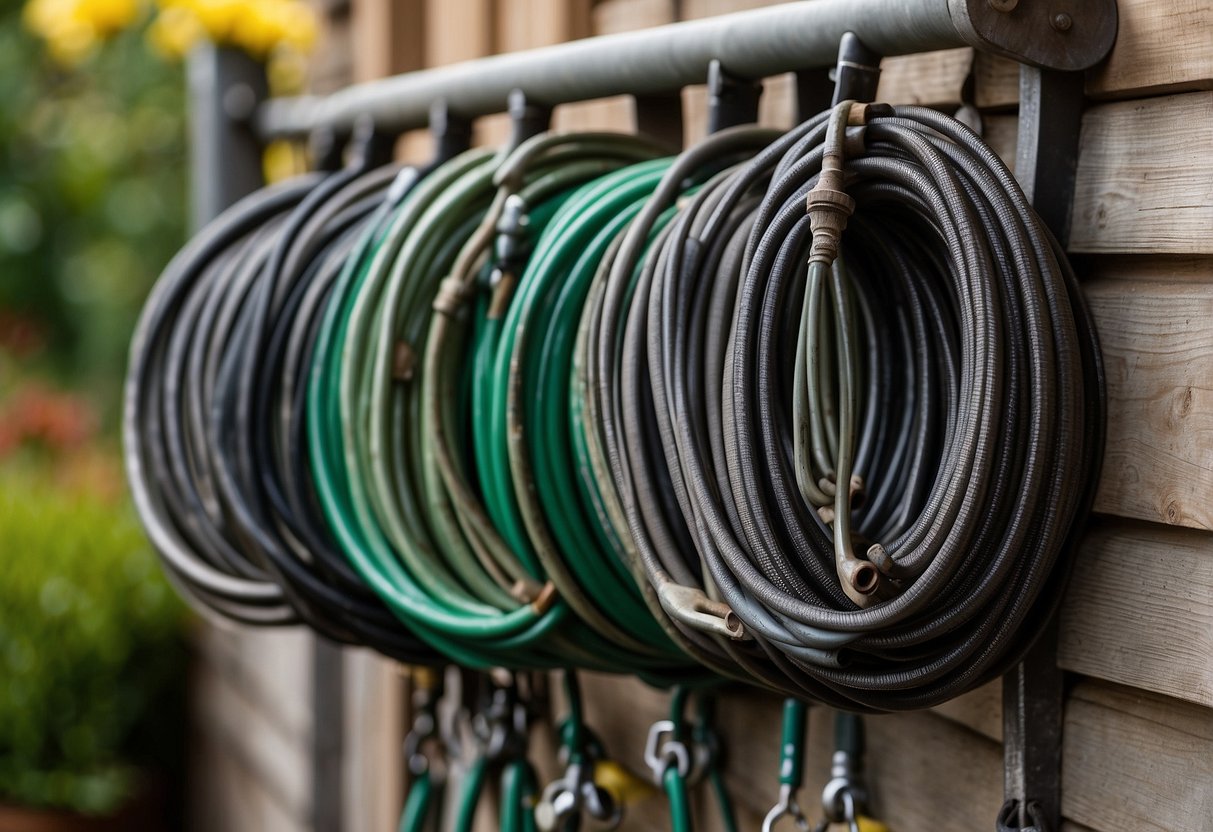 A sturdy, wall-mounted hose storage unit with decorative scrollwork and a weathered finish. It holds a coiled garden hose and features hooks for hanging gardening tools