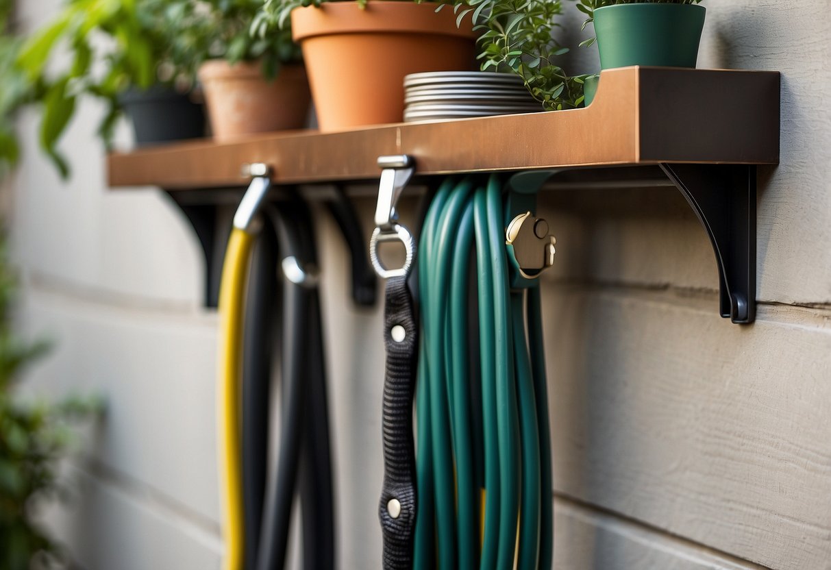 A sturdy hose hanger mounted on a wall, with a built-in shelf for storing gardening tools. The hanger is made of rust-resistant material and has a sleek, modern design