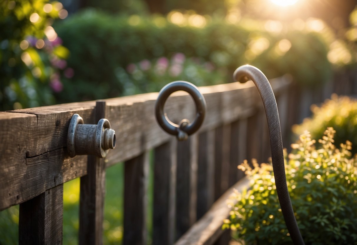 A lush garden with a weathered fence, adorned with a vintage cast iron hose holder. The sun casts a warm glow, highlighting the rustic charm of the hanger