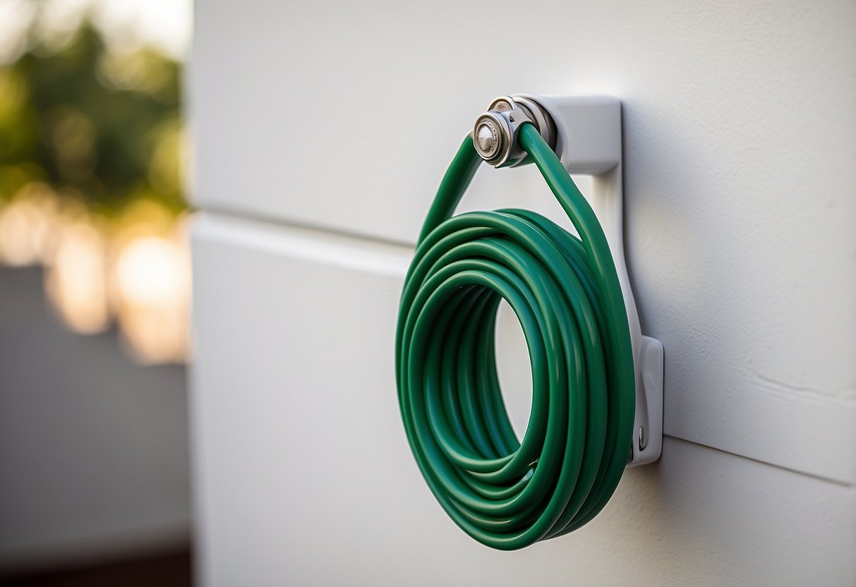 A garden hose hanger mounted on a clean, white exterior wall. The hanger is sturdy and has a sleek, modern design with a curved hook for easy hose storage