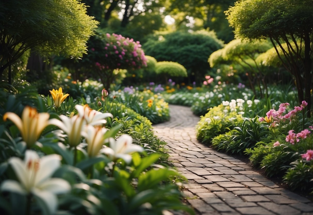 A winding pathway through a lily garden, with vibrant flowers and lush green foliage creating a serene and peaceful atmosphere