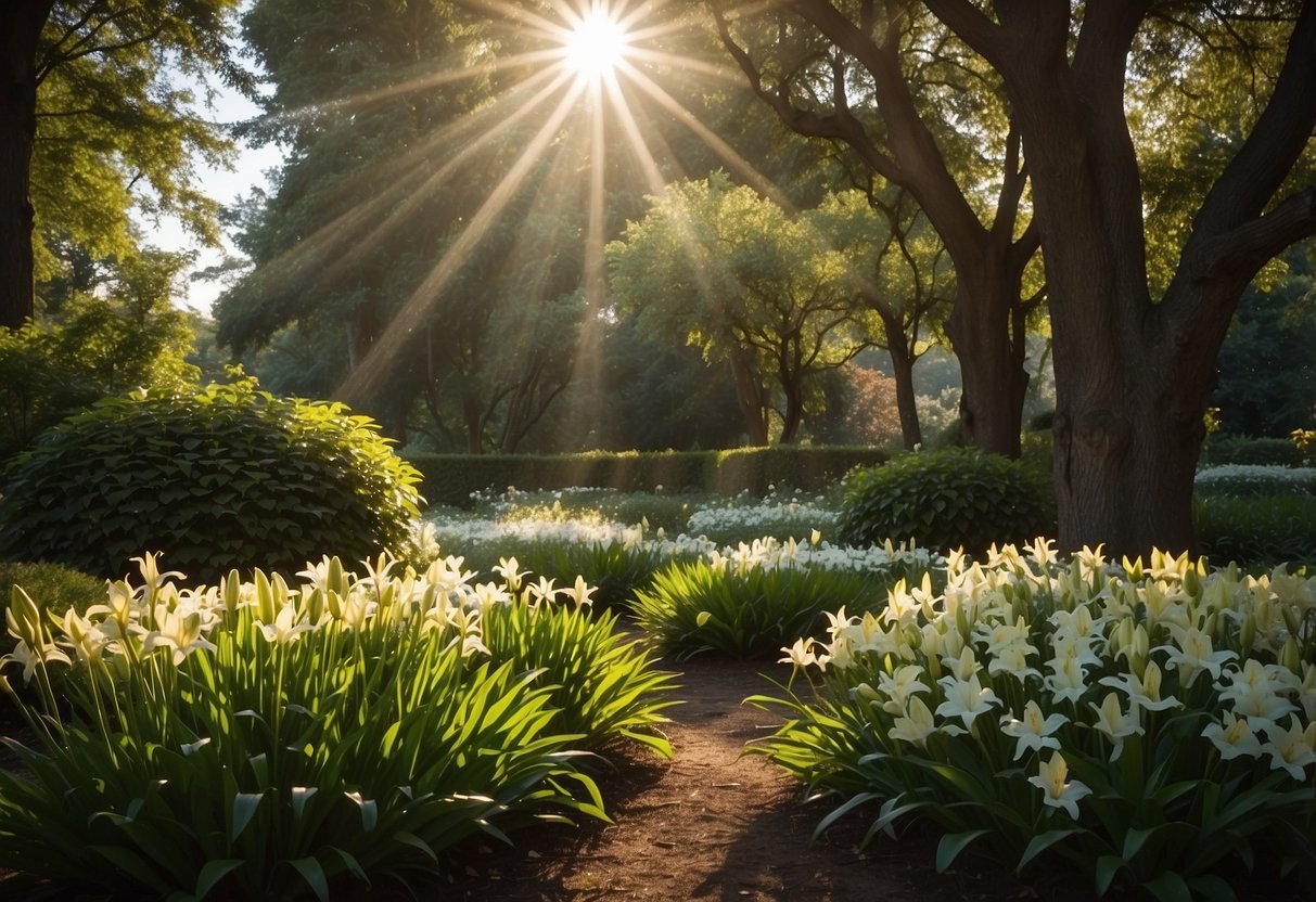 A serene lily garden with dappled sunlight filtering through the trees, creating a peaceful and tranquil atmosphere