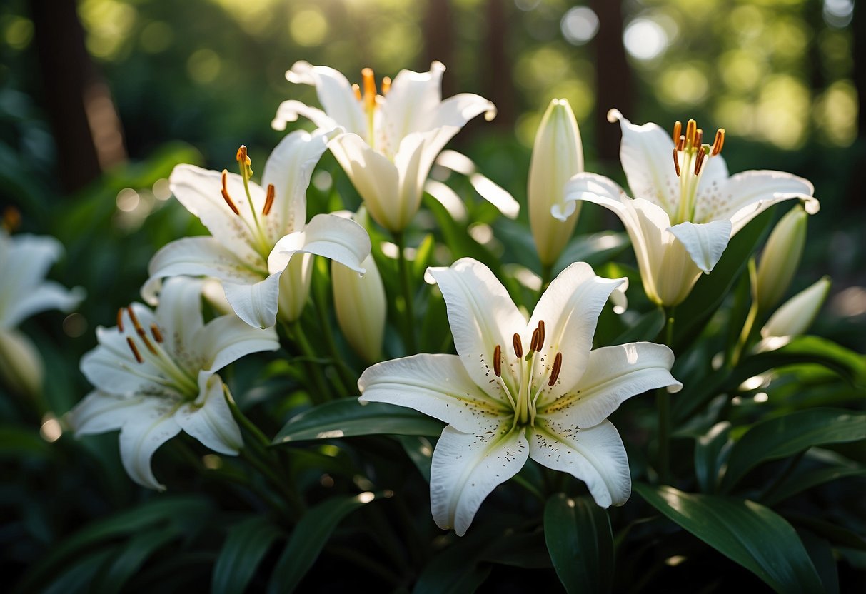 A cluster of white lilies blooms in a lush garden, surrounded by vibrant green foliage and dappled sunlight filtering through the trees