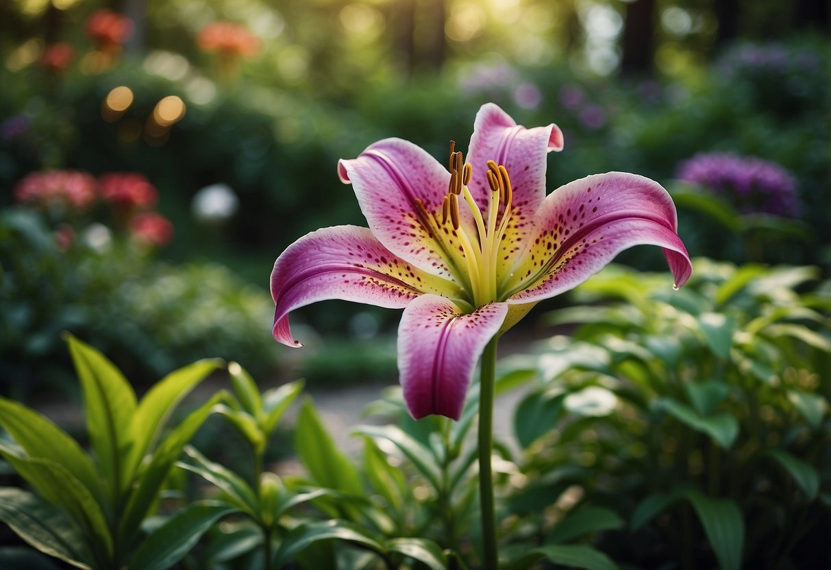 A circular lily bed sits at the center of a lush garden, surrounded by vibrant blooms and green foliage