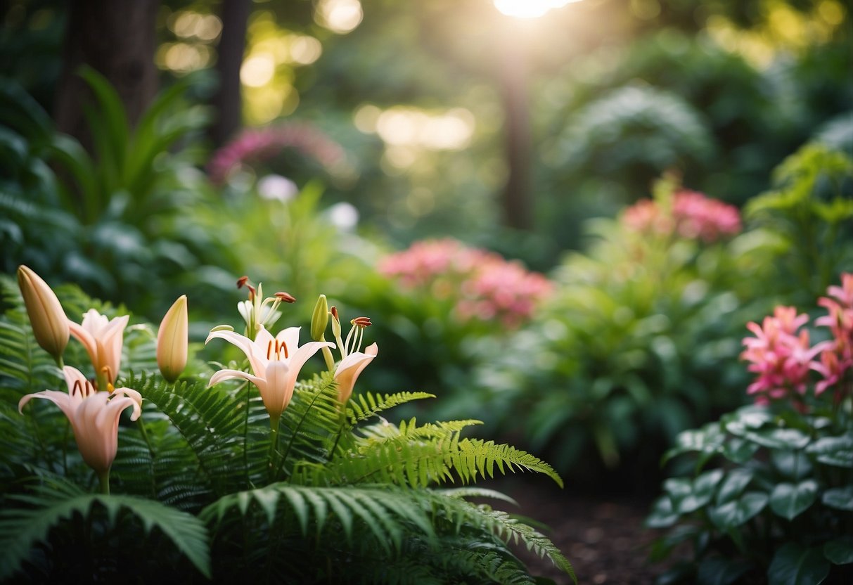 A lush garden with vibrant lilies and delicate ferns intertwined, creating a harmonious and picturesque scene