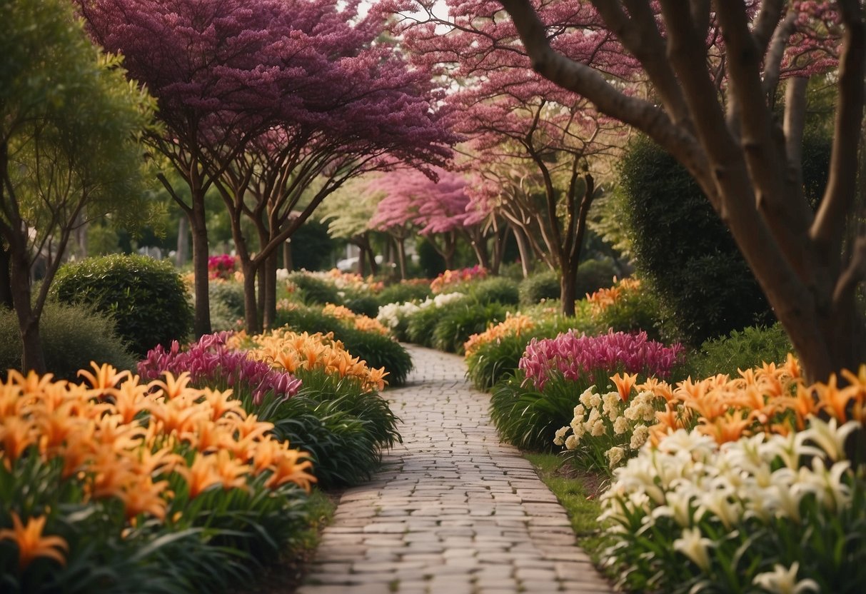 A winding walkway lined with vibrant lilies in full bloom, creating a fragrant and colorful garden path