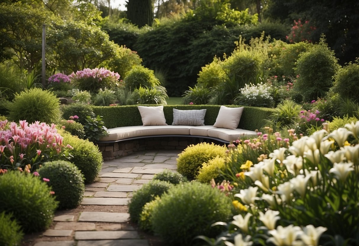 A lush garden with various colors and sizes of lilies arranged in a symmetrical and organized manner. Paths and seating areas are integrated into the design, creating a serene and inviting space