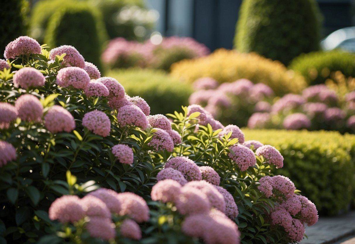 Low-growing shrubs fill a front garden. Neatly trimmed, easy to maintain