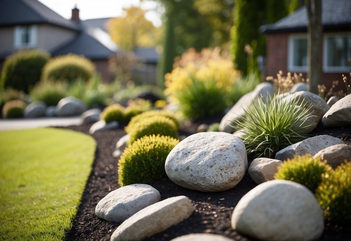 A front garden with decorative boulders and low maintenance landscaping