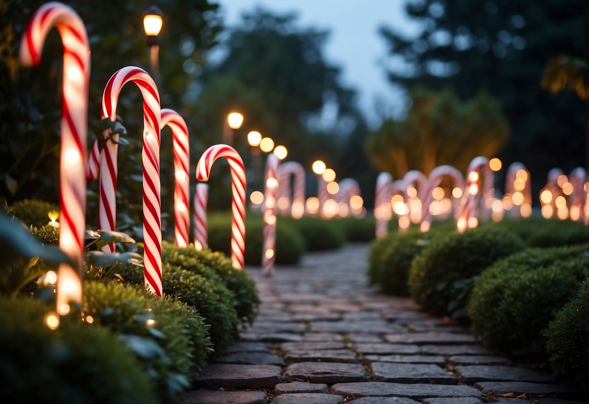 A garden pathway lined with LED candy cane decorations for Christmas