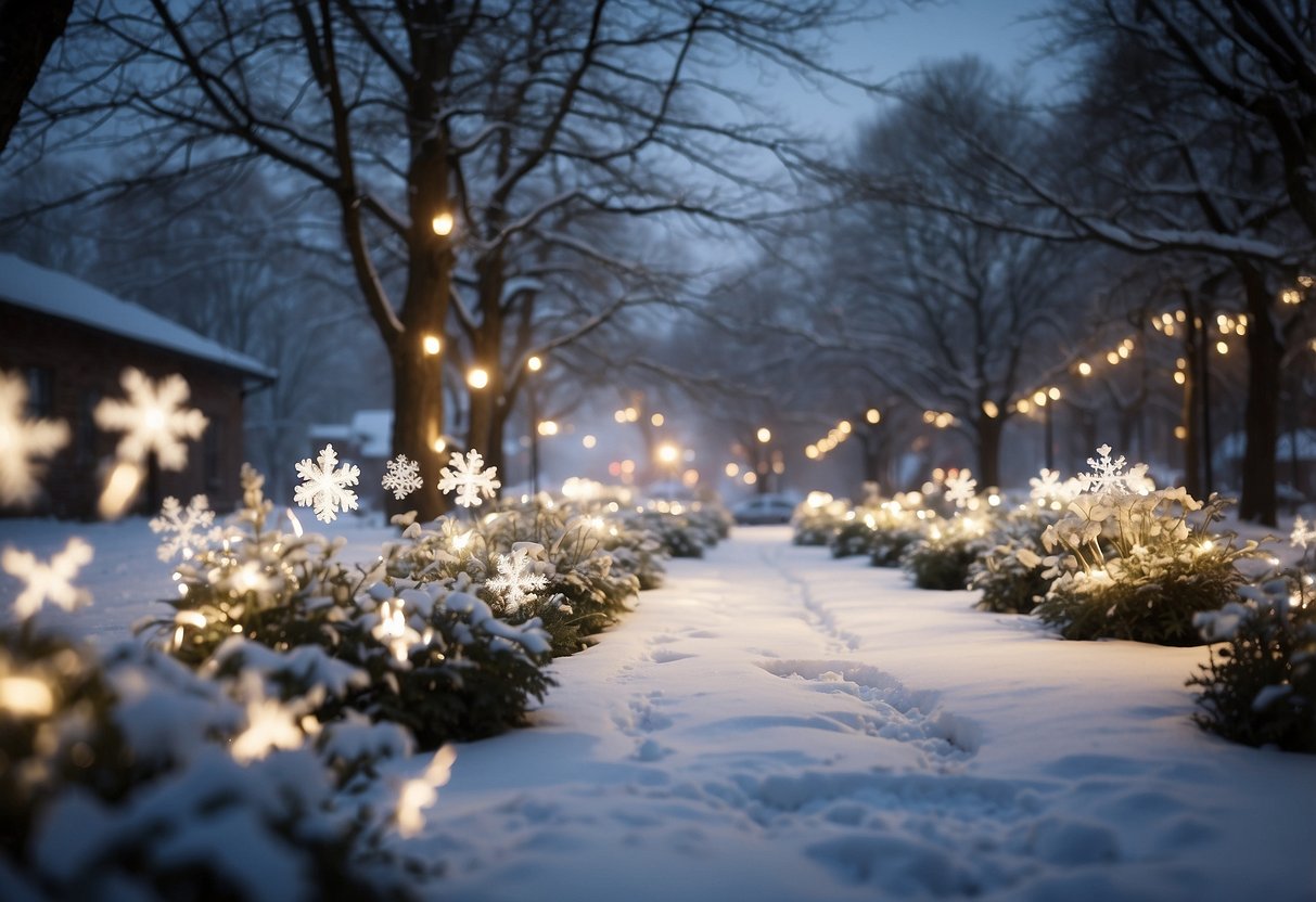 A garden filled with snowflake projectors casting light onto the snowy ground, creating a magical winter wonderland scene