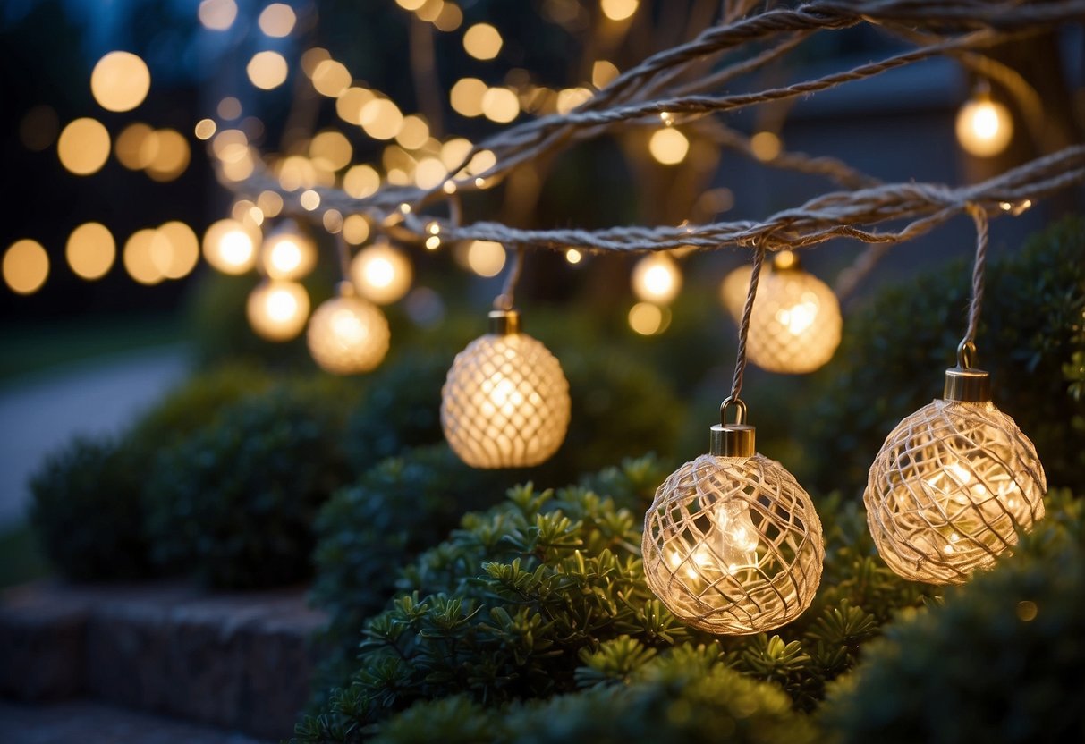 A garden adorned with string light netting for Christmas decorations