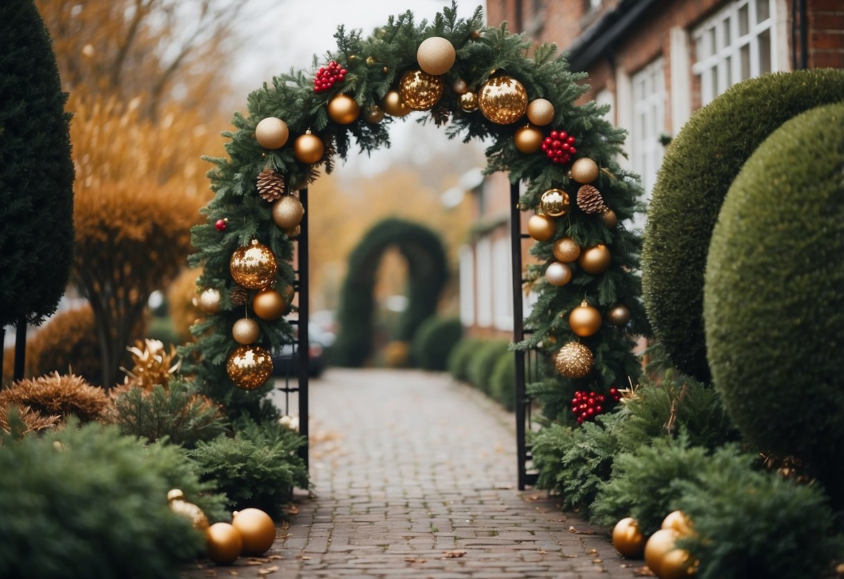 A garden archway adorned with a festive Christmas wreath and decorations