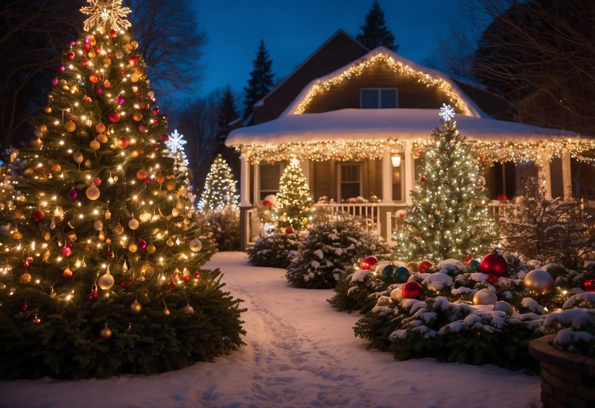 A garden adorned with twinkling lights, festive wreaths, and a glowing Christmas tree surrounded by colorful ornaments and snowflakes