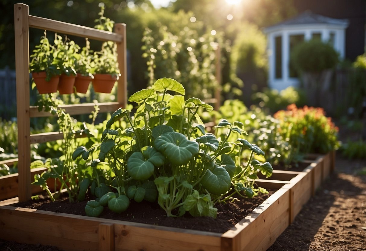 A lush front yard garden with trellises supporting climbing vegetables like tomatoes and cucumbers. Raised beds contain a variety of herbs and leafy greens