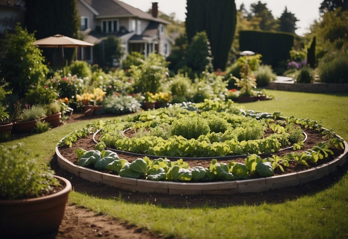 A spiral-shaped garden bed with various vegetables growing in neat rows, surrounded by a well-maintained front yard