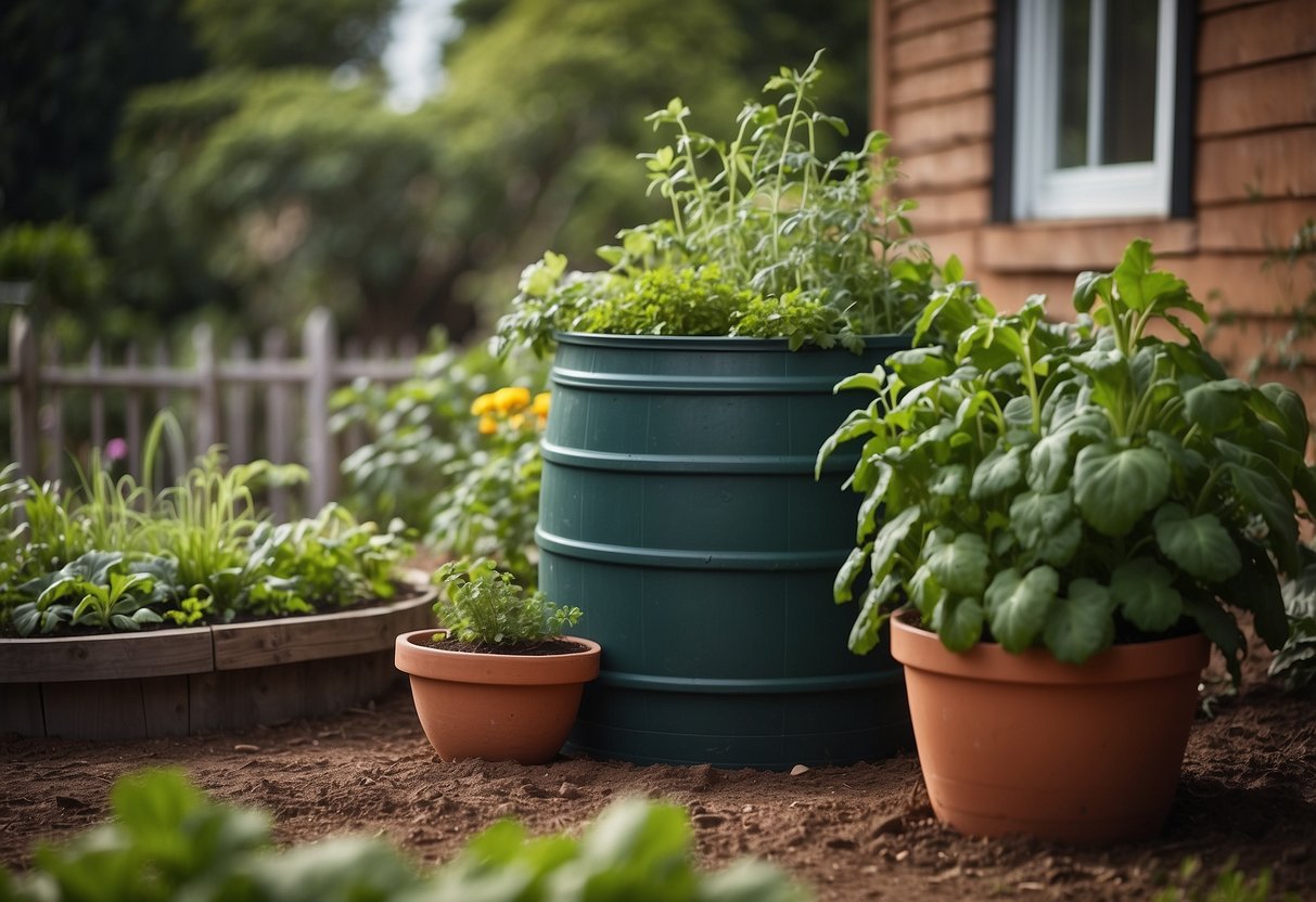 A rain barrel sits next to a lush front yard vegetable garden, with a network of hoses leading from the barrel to the plants. The garden is thriving thanks to the sustainable irrigation system