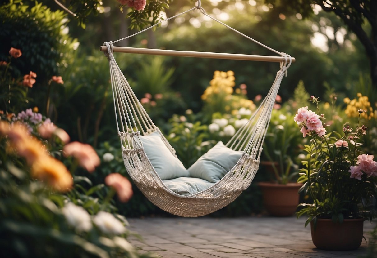 A hammock chair swings gently in a lush garden, surrounded by blooming flowers and greenery, creating a serene and inviting seating area