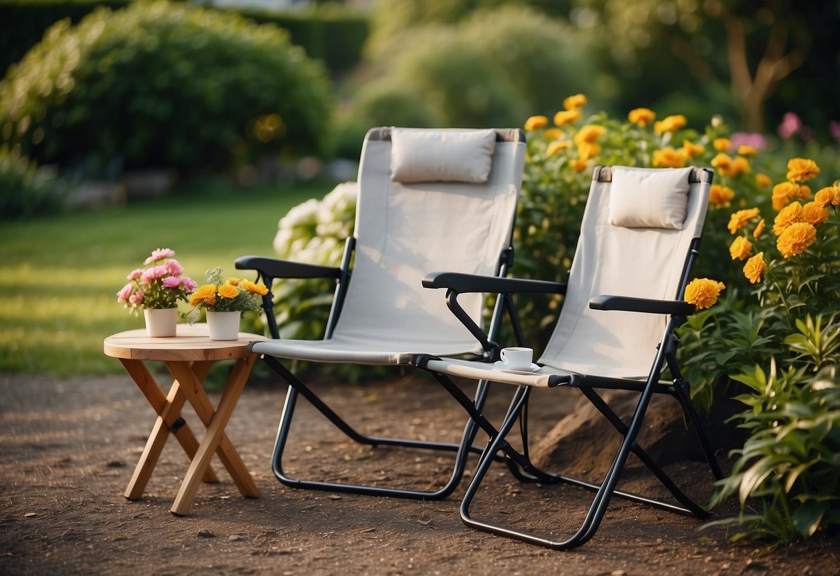 Two foldable camping chairs set up in a lush garden, surrounded by blooming flowers and greenery. A small table with a vase of fresh flowers sits between the chairs, creating a cozy outdoor seating area