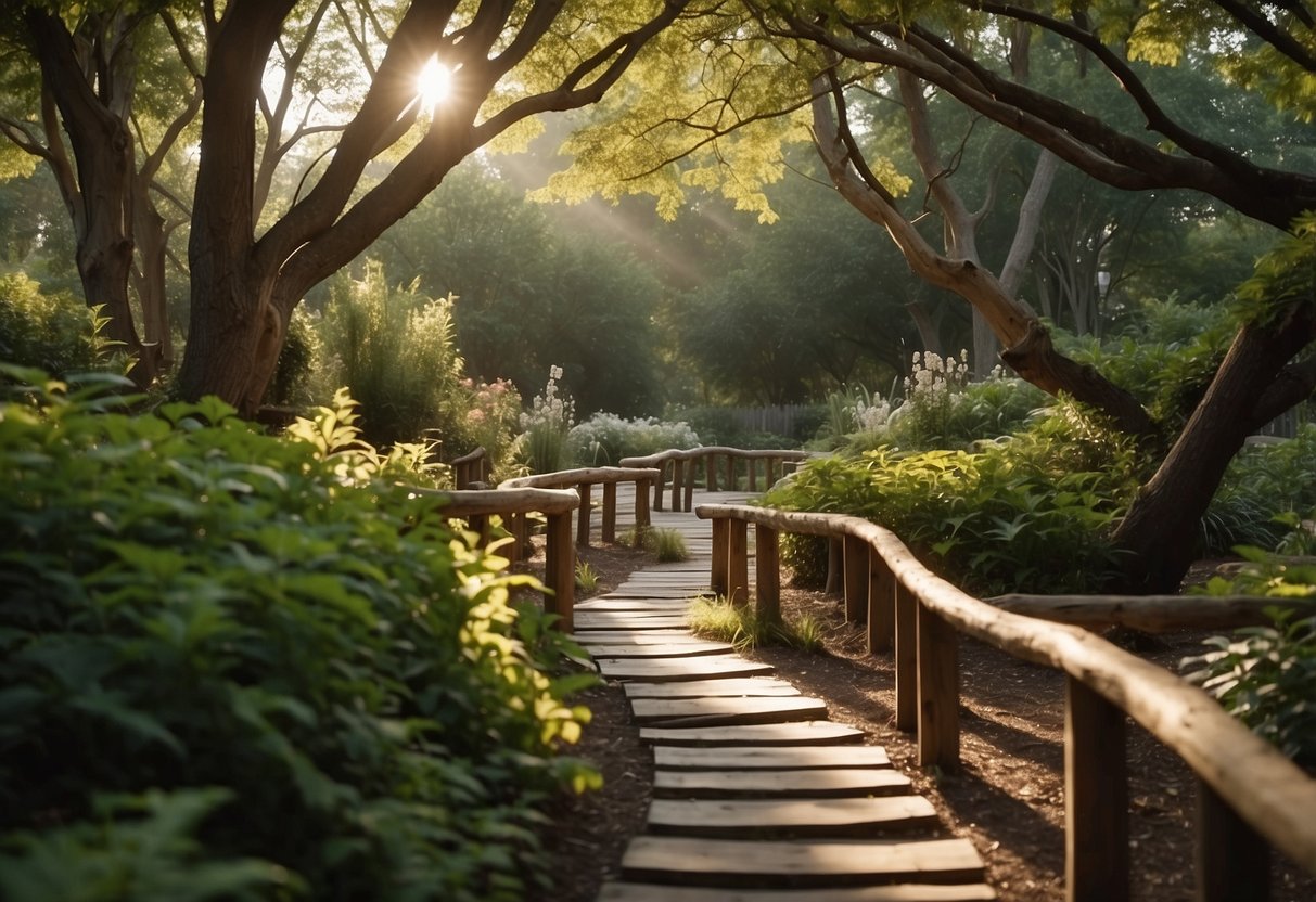 Sunlight filters through the trees onto winding paths lined with driftwood, leading to a peaceful garden oasis