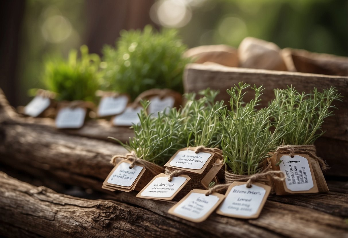 Driftwood herb labels arranged in a rustic garden setting