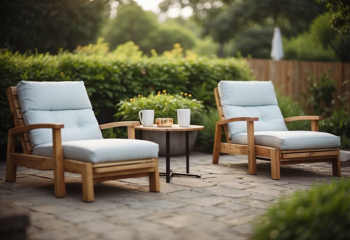 Two lounge chairs with pallet bases in a garden setting