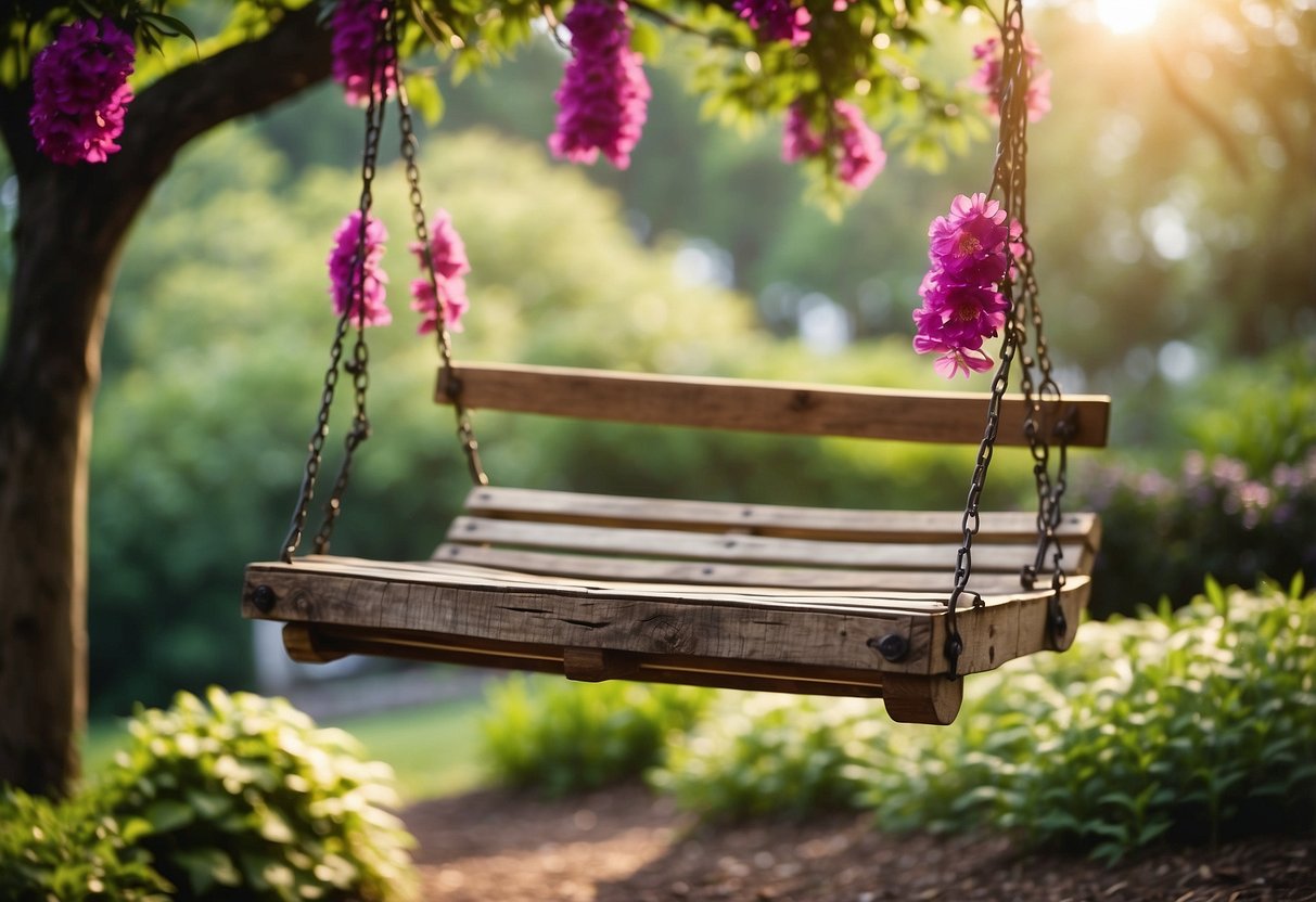 A pallet swing seat hangs from a sturdy tree branch in a lush garden, surrounded by vibrant flowers and greenery