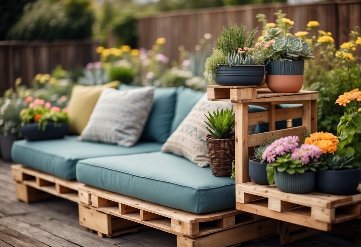 Two-tiered wooden pallets stacked with vibrant flowers, herbs, and succulents. Adorned with cozy cushions, the pallet garden furniture creates a charming outdoor oasis