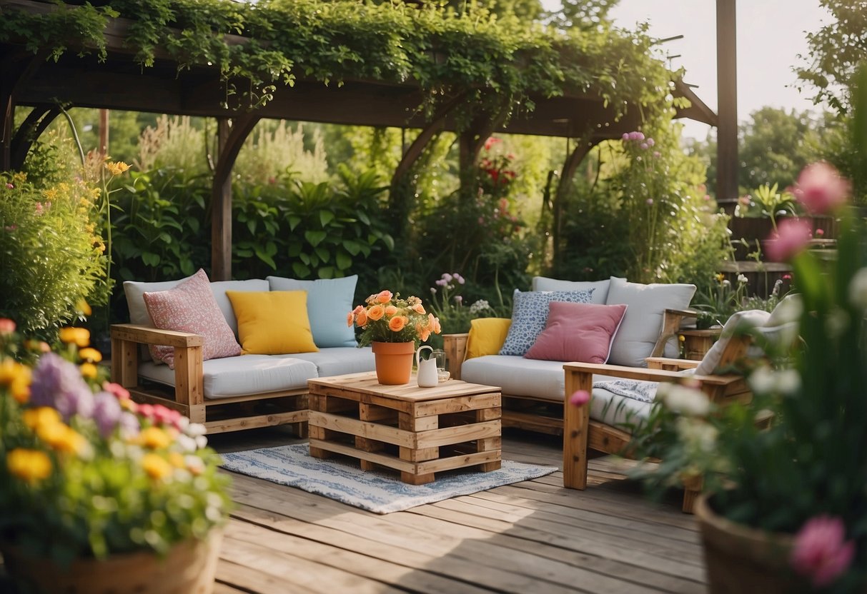 A cozy outdoor setting with pallet furniture, surrounded by lush greenery and colorful flowers. A table and chairs made from pallets provide a rustic and charming atmosphere for relaxing and entertaining in the garden