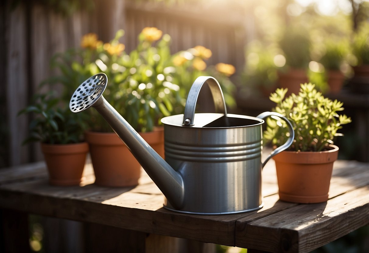 A vintage metal watering can sits on a weathered wooden table surrounded by potted plants and gardening tools. The sun shines down, casting a warm glow on the rustic garden decor