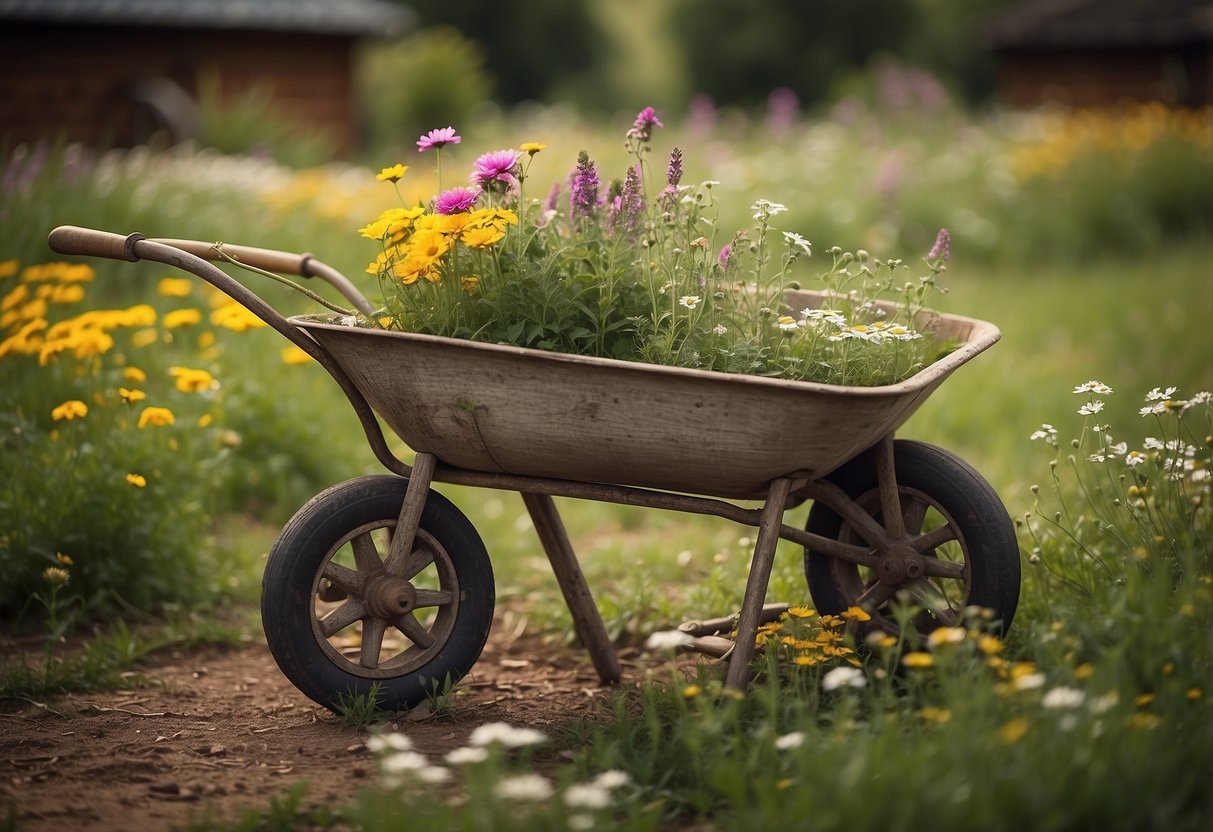 A weathered wooden wheelbarrow sits among wildflowers in a rustic garden, adding a touch of vintage charm to the outdoor space