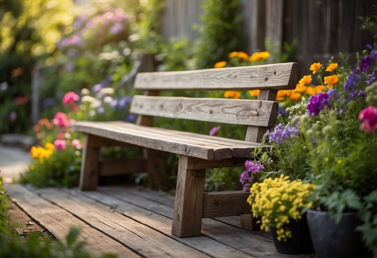 A weathered barn wood bench sits in a lush garden, surrounded by colorful flowers and greenery. The rustic charm of the bench adds a touch of natural beauty to the outdoor space