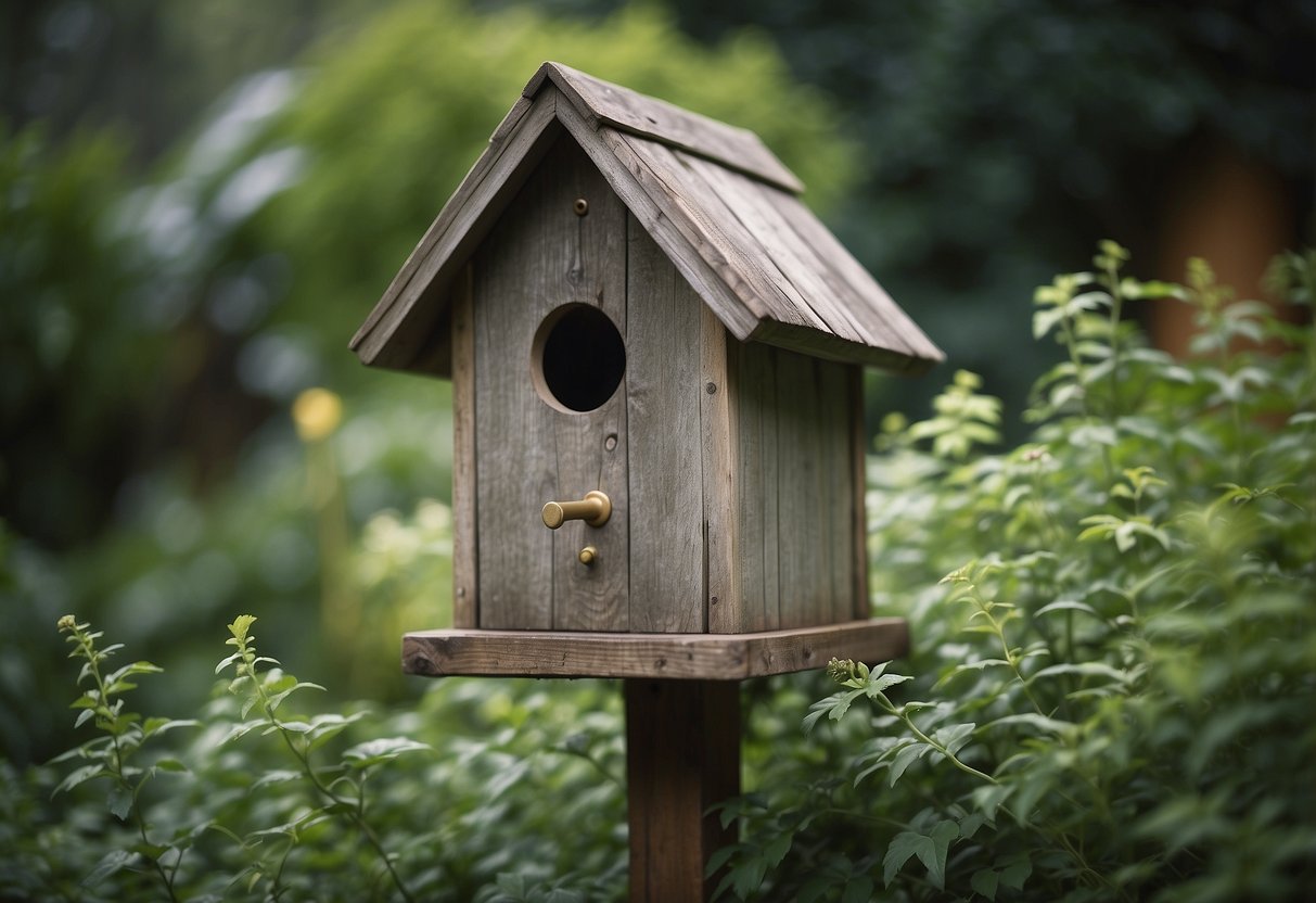 A weathered birdhouse sits among overgrown plants, adding rustic charm to the garden