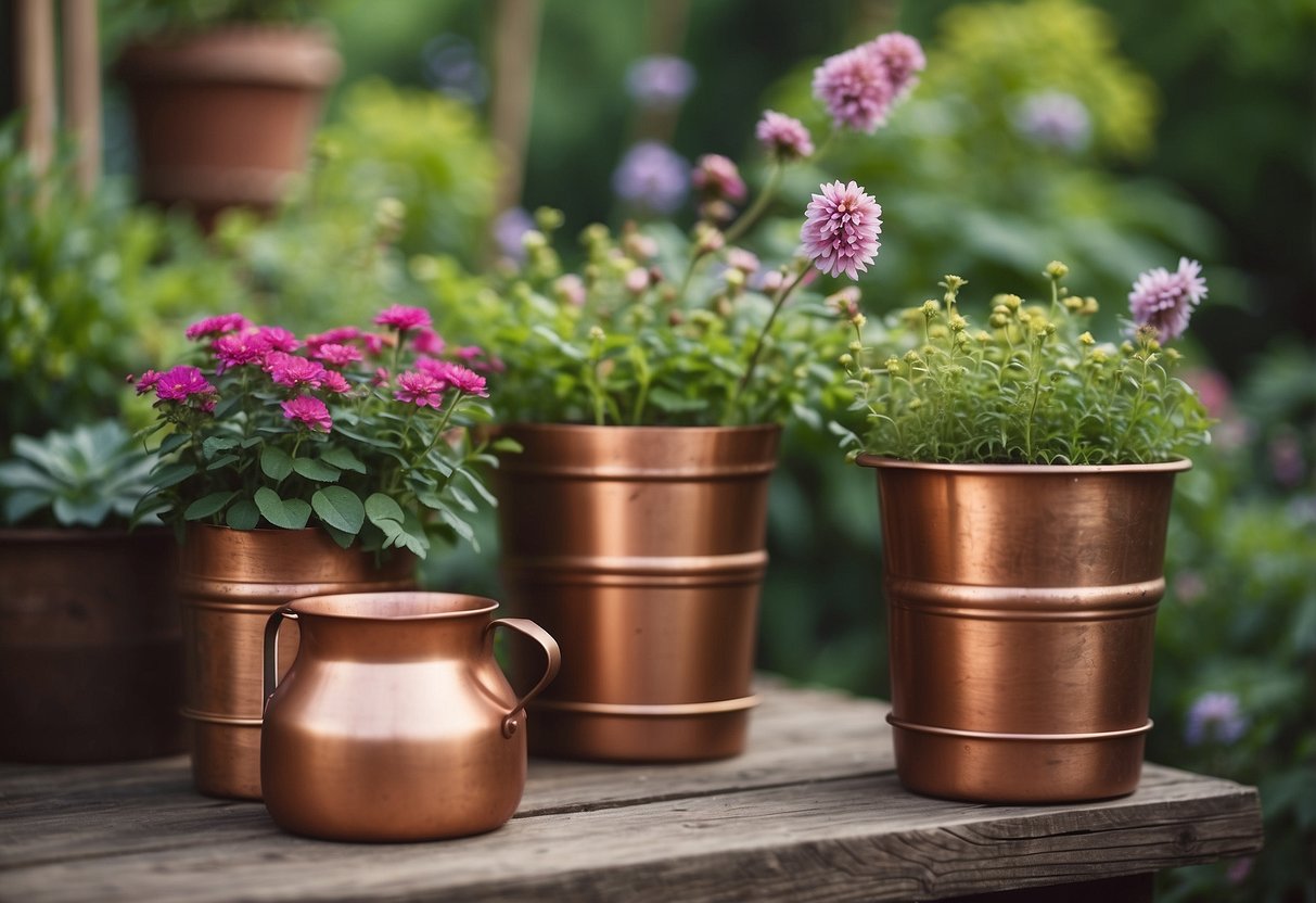 Rustic garden scene with antique copper plant holders, surrounded by lush greenery and blooming flowers