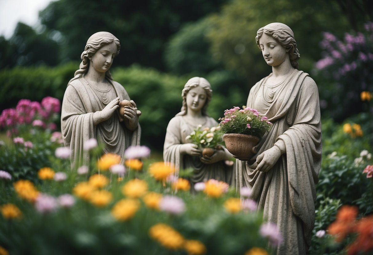 A serene garden with weathered stone statues, surrounded by lush greenery and colorful flowers