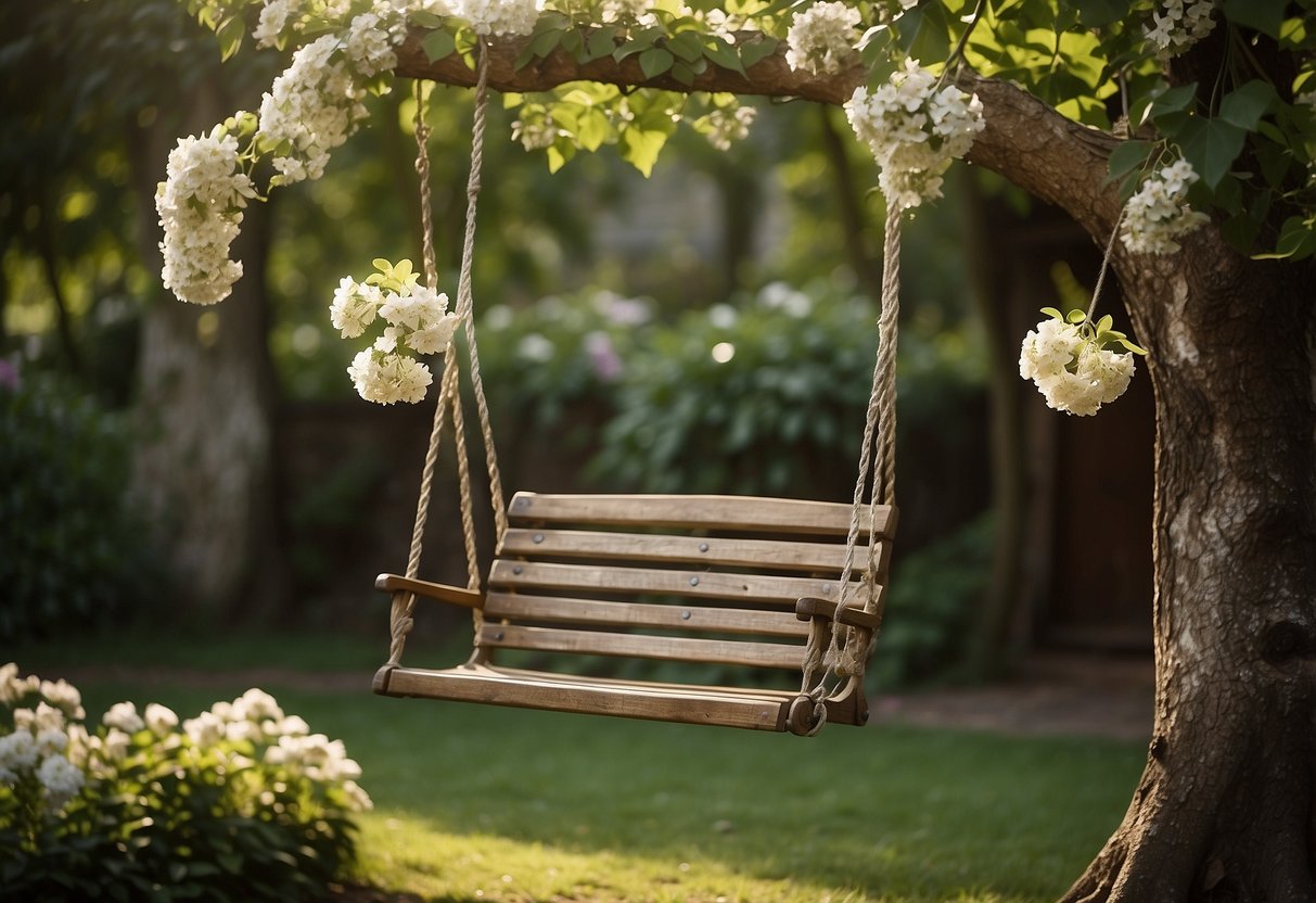 An aged wooden garden swing hangs from a sturdy tree branch, surrounded by lush greenery and blooming flowers, creating a charming rustic garden decor