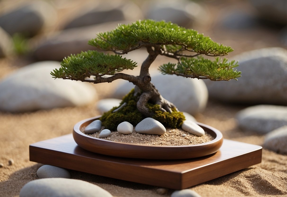 A small bonsai tree sits on a wooden display stand in a peaceful zen garden, surrounded by carefully arranged rocks and sand