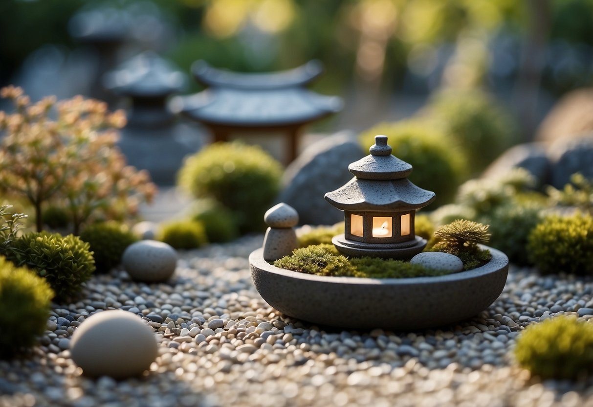 Miniature stone lanterns arranged in a tranquil zen garden, surrounded by carefully raked gravel and small, meticulously placed plants