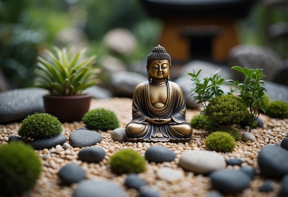 A serene Zen garden with a small Buddha statue surrounded by raked gravel, rocks, and miniature plants in a compact space