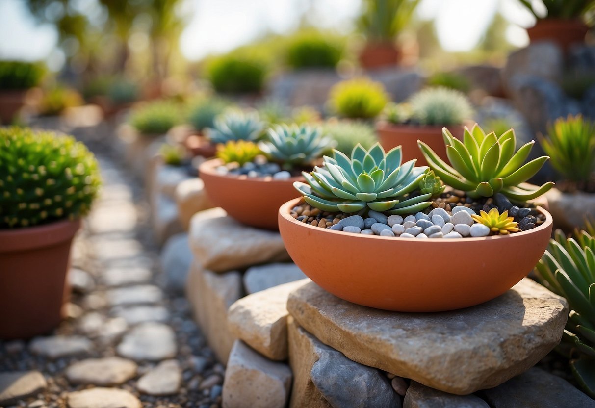 A variety of colorful succulent pots arranged among decorative stones in a garden setting