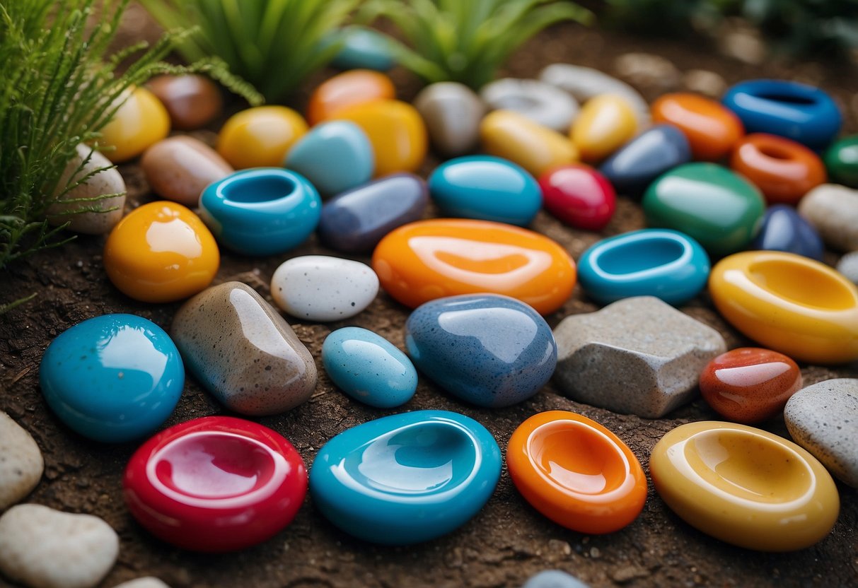 Colorful pots and stones arranged in a garden with painted pebble markers