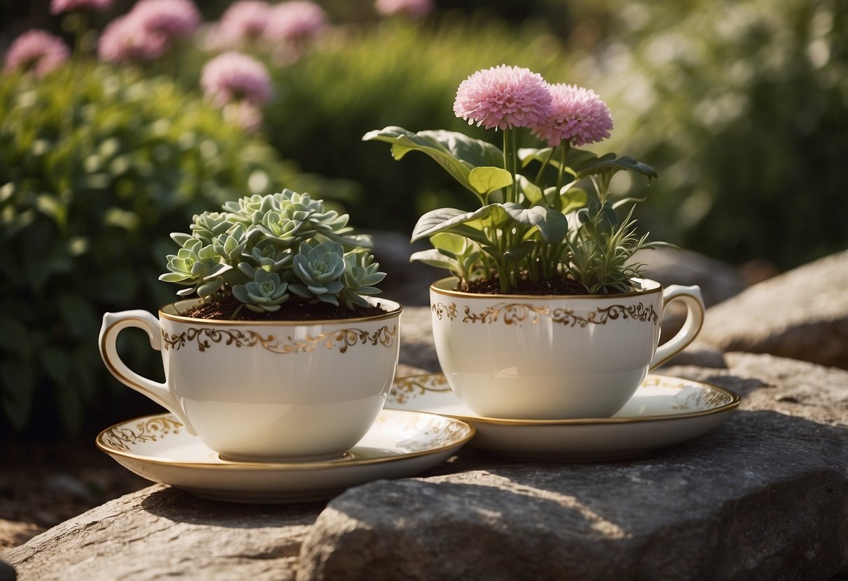 Teacup planters nestled among stones in a vintage garden setting