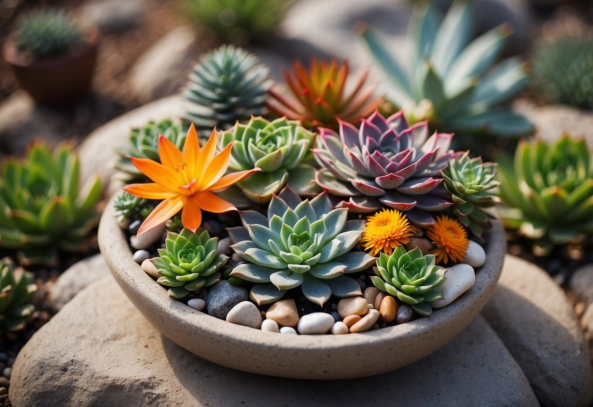 A cluster of pots filled with vibrant flowers and succulents surrounded by a variety of smooth and textured stones in a serene rock garden