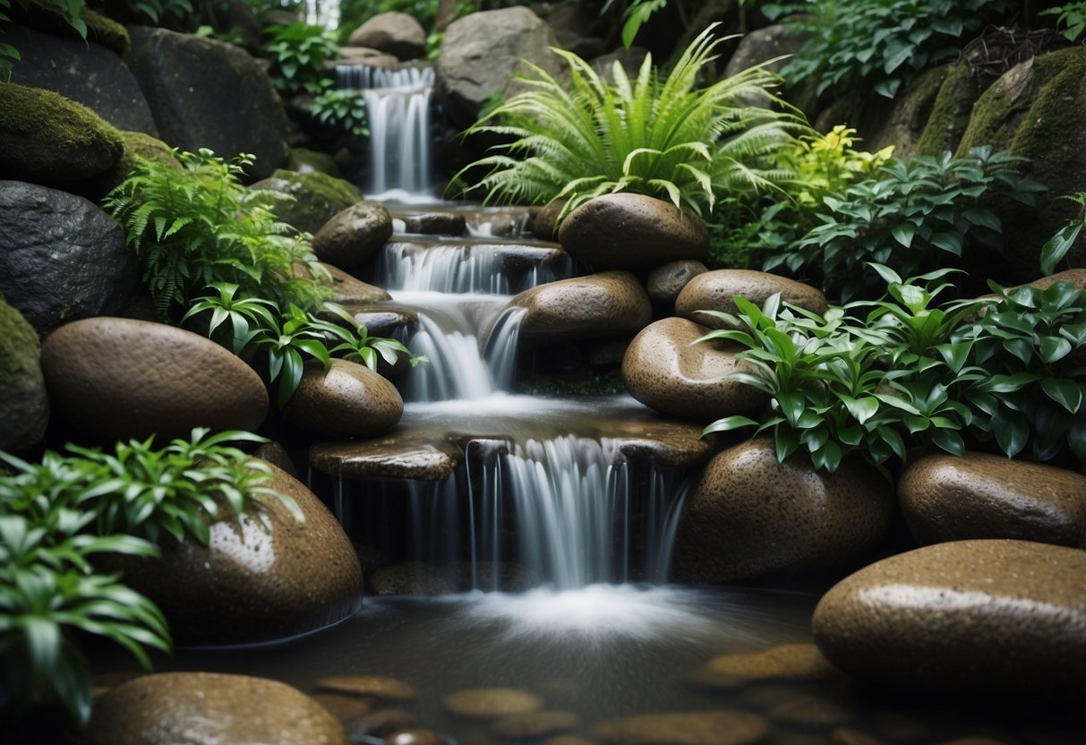 A cascading waterfall flows over stacked stones, surrounded by lush greenery, potted plants, and decorative rocks