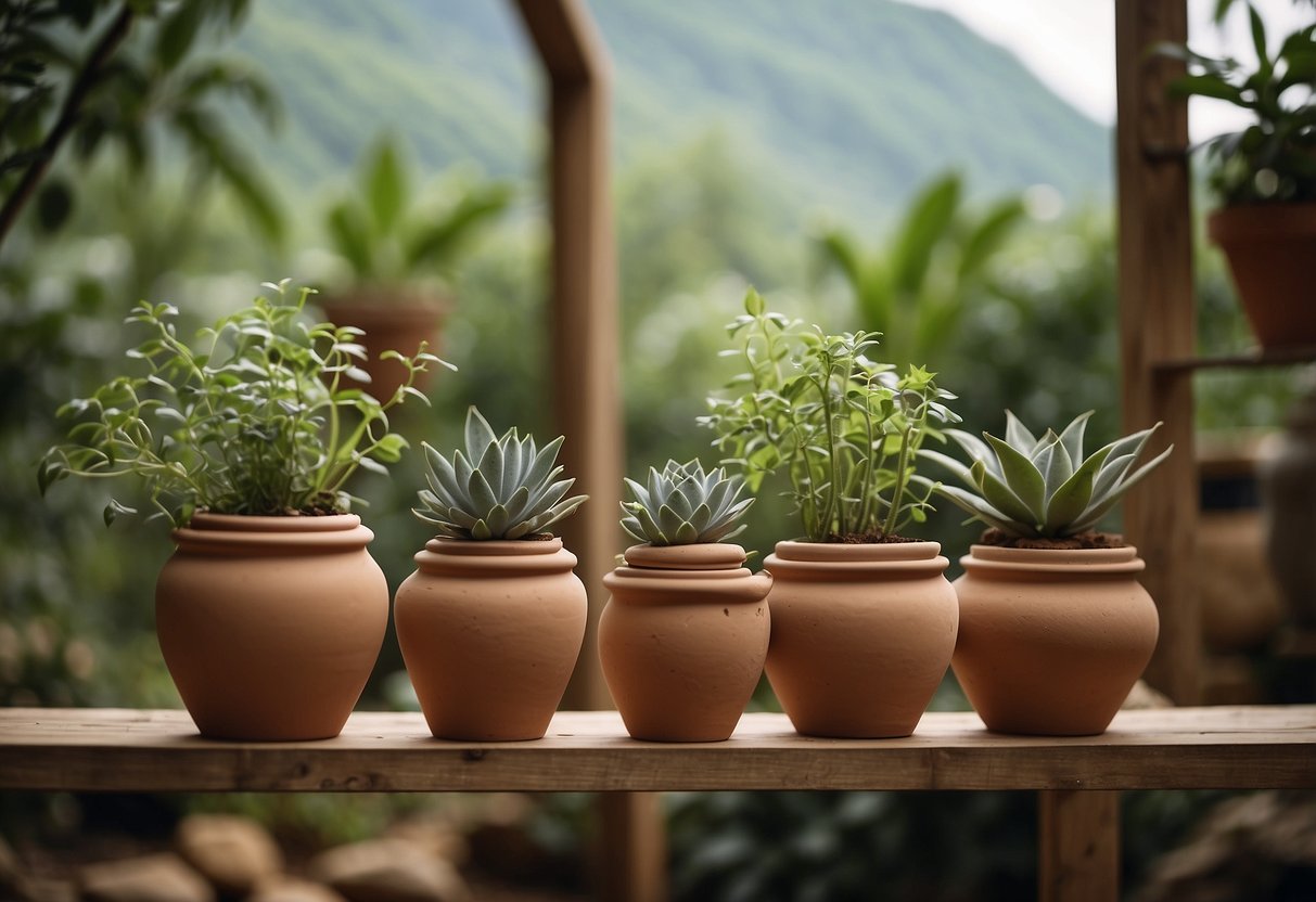 Several clay pots of varying sizes are suspended from a wooden frame, surrounded by small stones and greenery