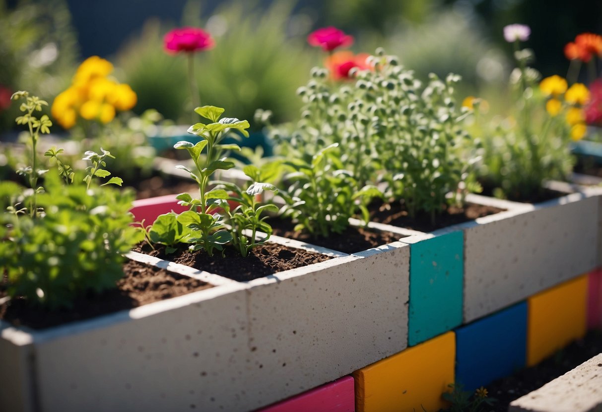 A vibrant herb garden grows in painted cinder block raised beds, adding a colorful and creative touch to the outdoor space