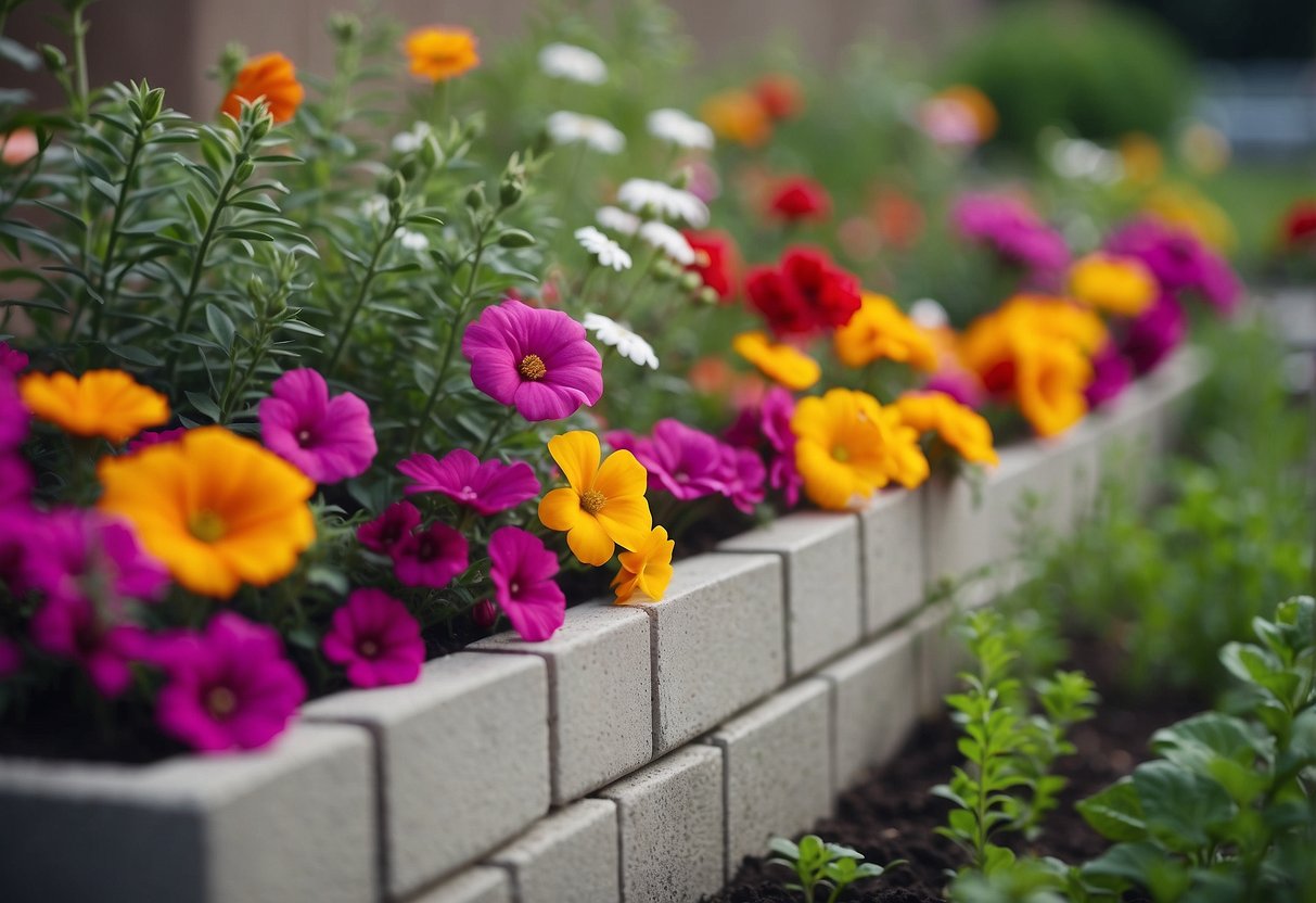 A vibrant flower bed blooms with colorful blocks in a cinder block raised garden