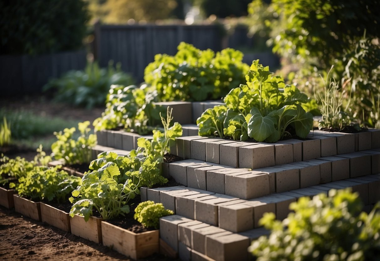 A tiered vegetable garden bed made of cinder blocks, with various levels for planting different types of vegetables